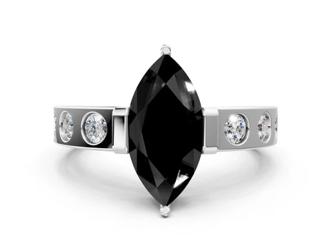 White gold Fancy Black Marquise Cut Brilliant Channel-Set Diamond Ring with Bezel Prong Setting_12