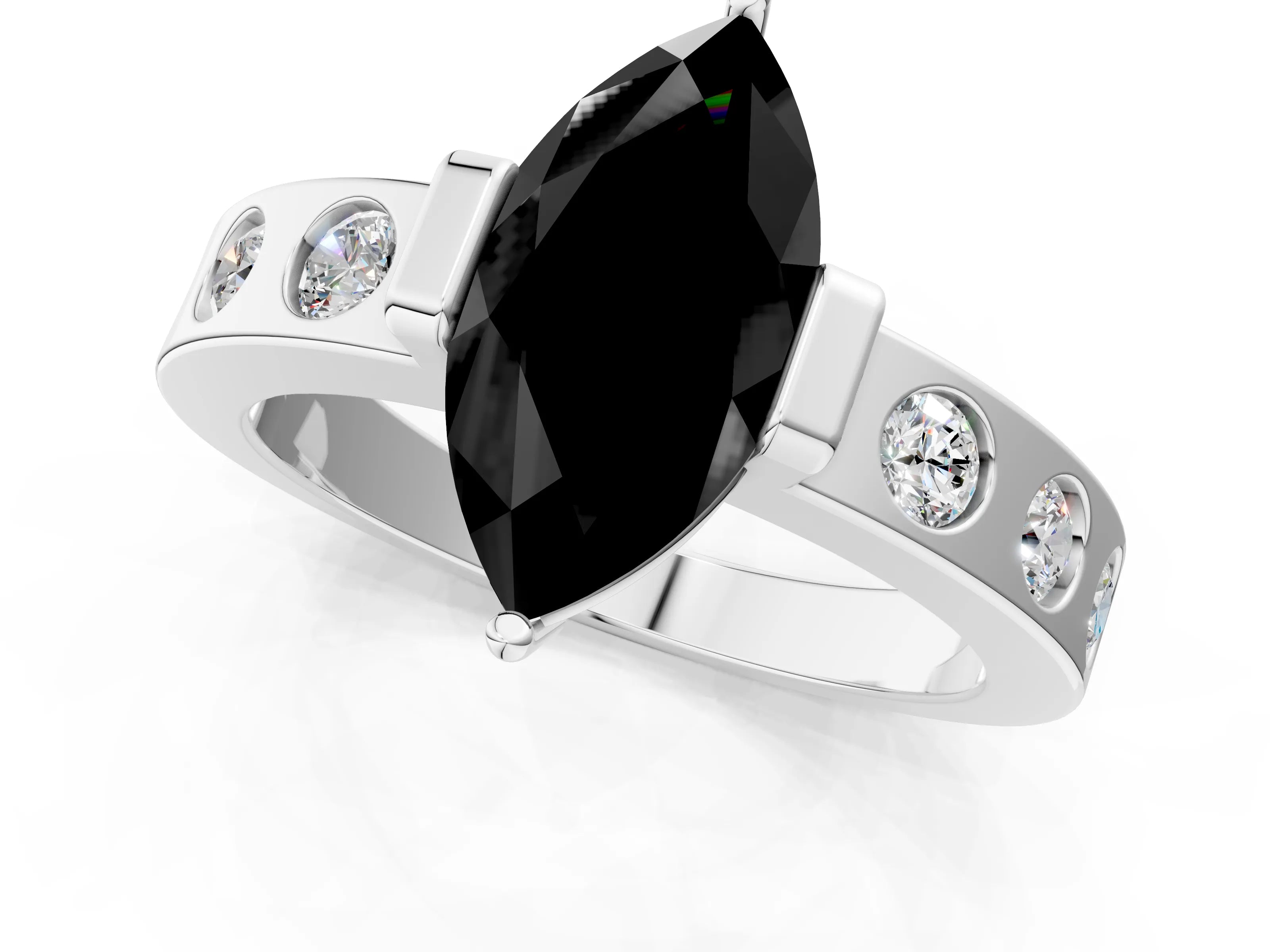 White gold Fancy Black Marquise Cut Brilliant Channel-Set Diamond Ring with Bezel Prong Setting_13