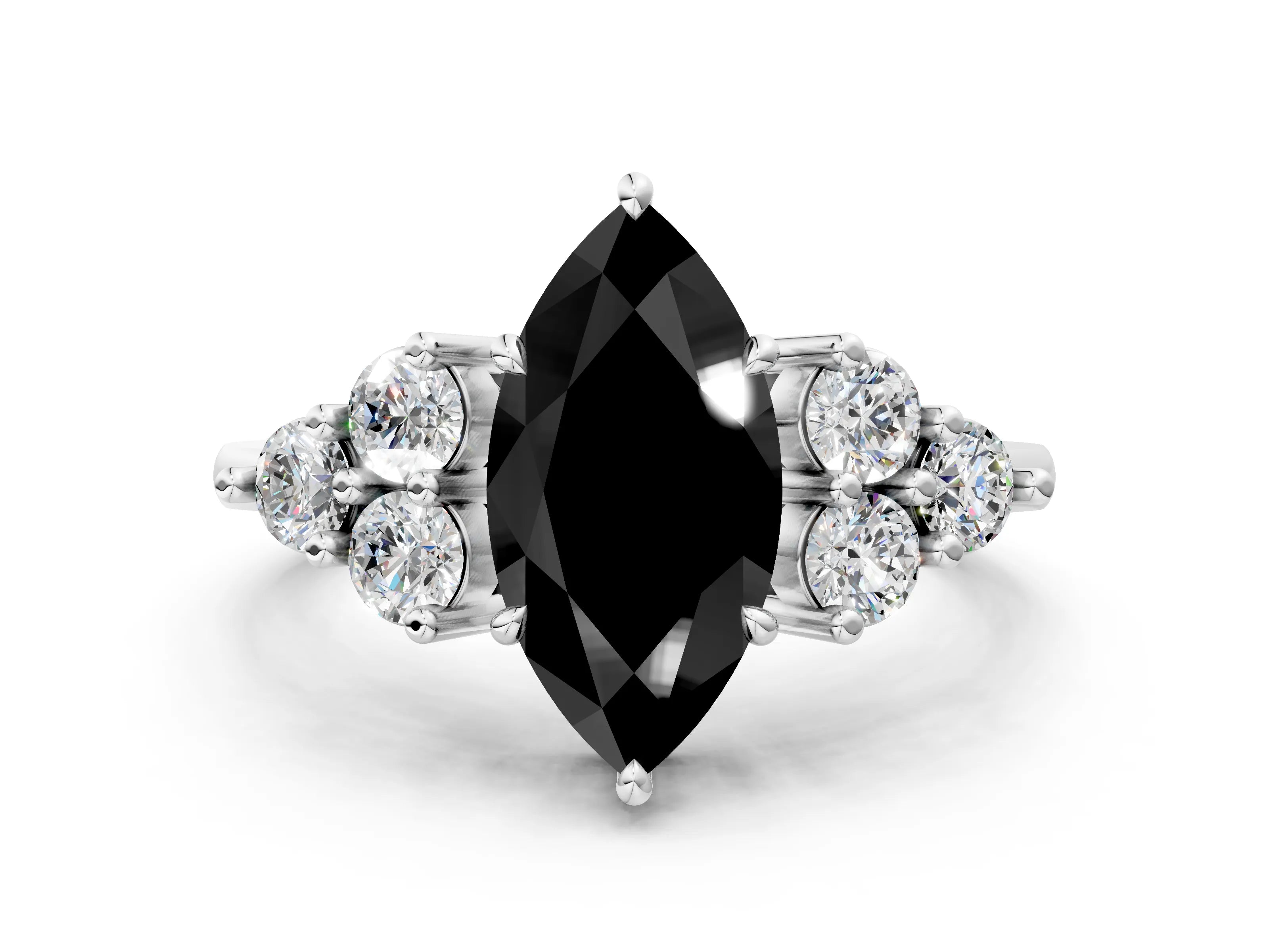 White gold Fancy Black Marquise Cut Brilliant Diamond Cluster Accent Solitaire Ring with Prong Setting_12