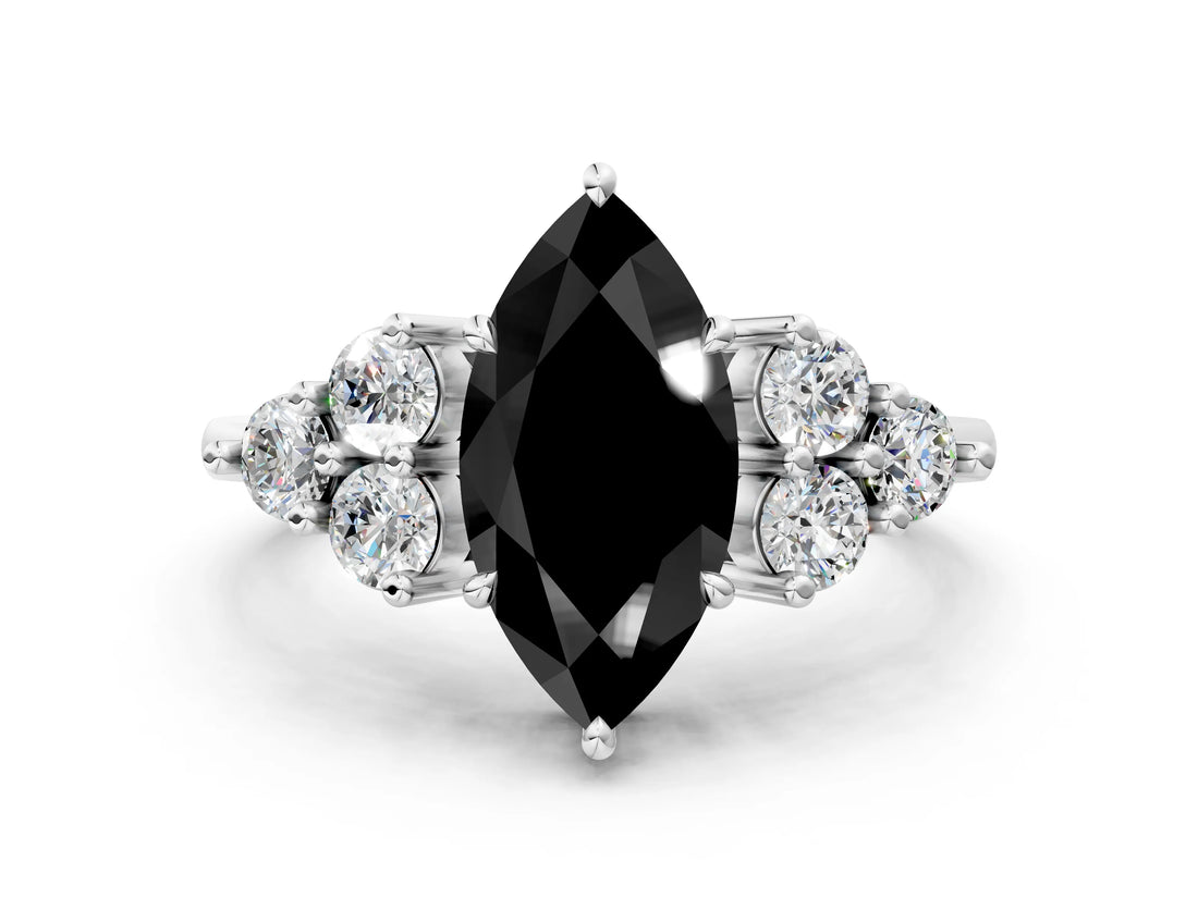 White gold Fancy Black Marquise Cut Brilliant Diamond Cluster Accent Solitaire Ring with Prong Setting_12