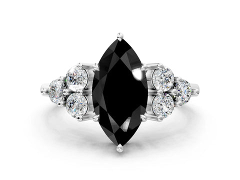 White gold Fancy Black Marquise Cut Brilliant Diamond Cluster Accent Solitaire Ring with Prong Setting_12