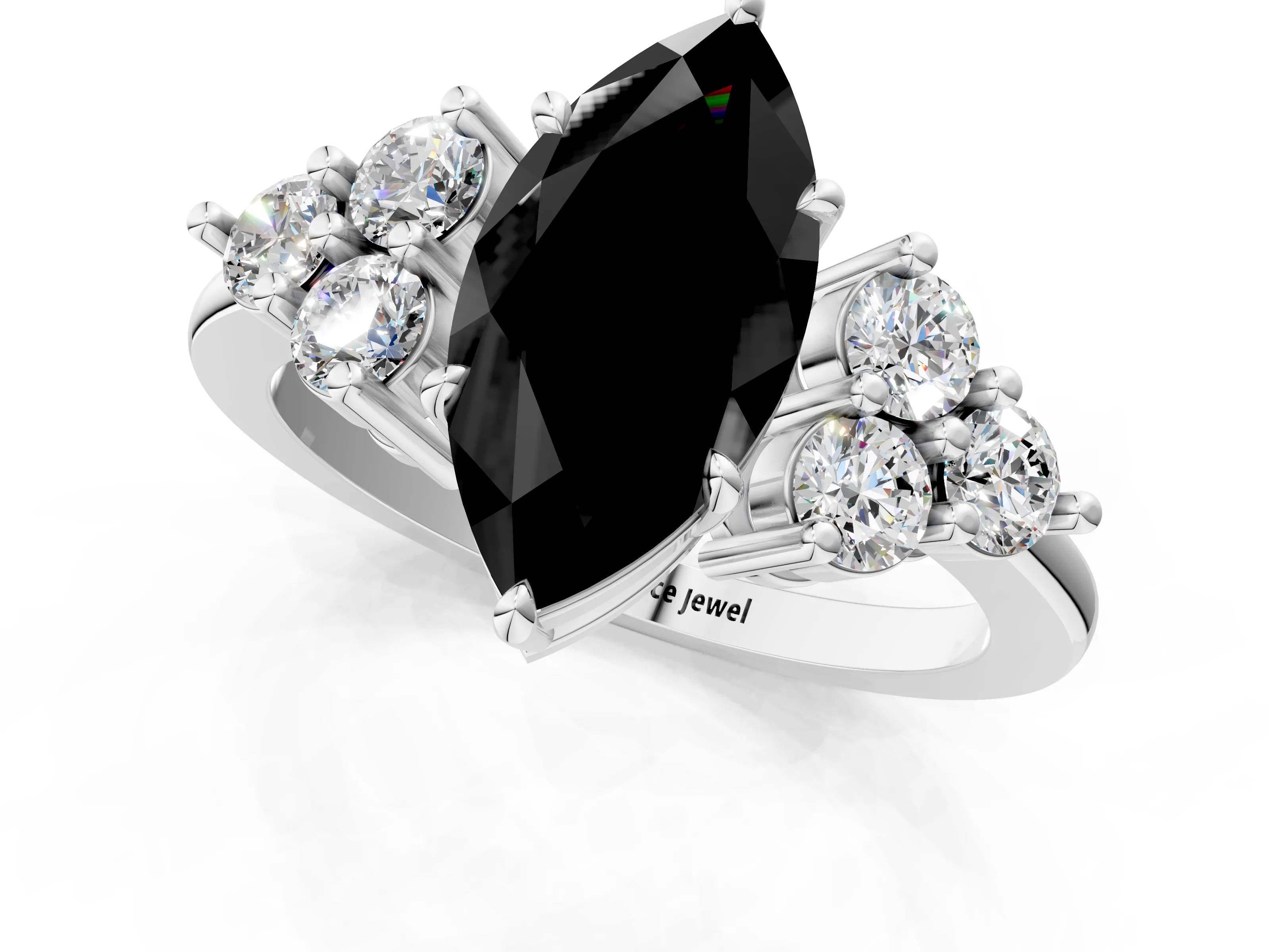 White gold Fancy Black Marquise Cut Brilliant Diamond Cluster Accent Solitaire Ring with Prong Setting_13