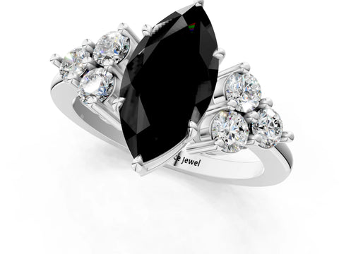 White gold Fancy Black Marquise Cut Brilliant Diamond Cluster Accent Solitaire Ring with Prong Setting_1