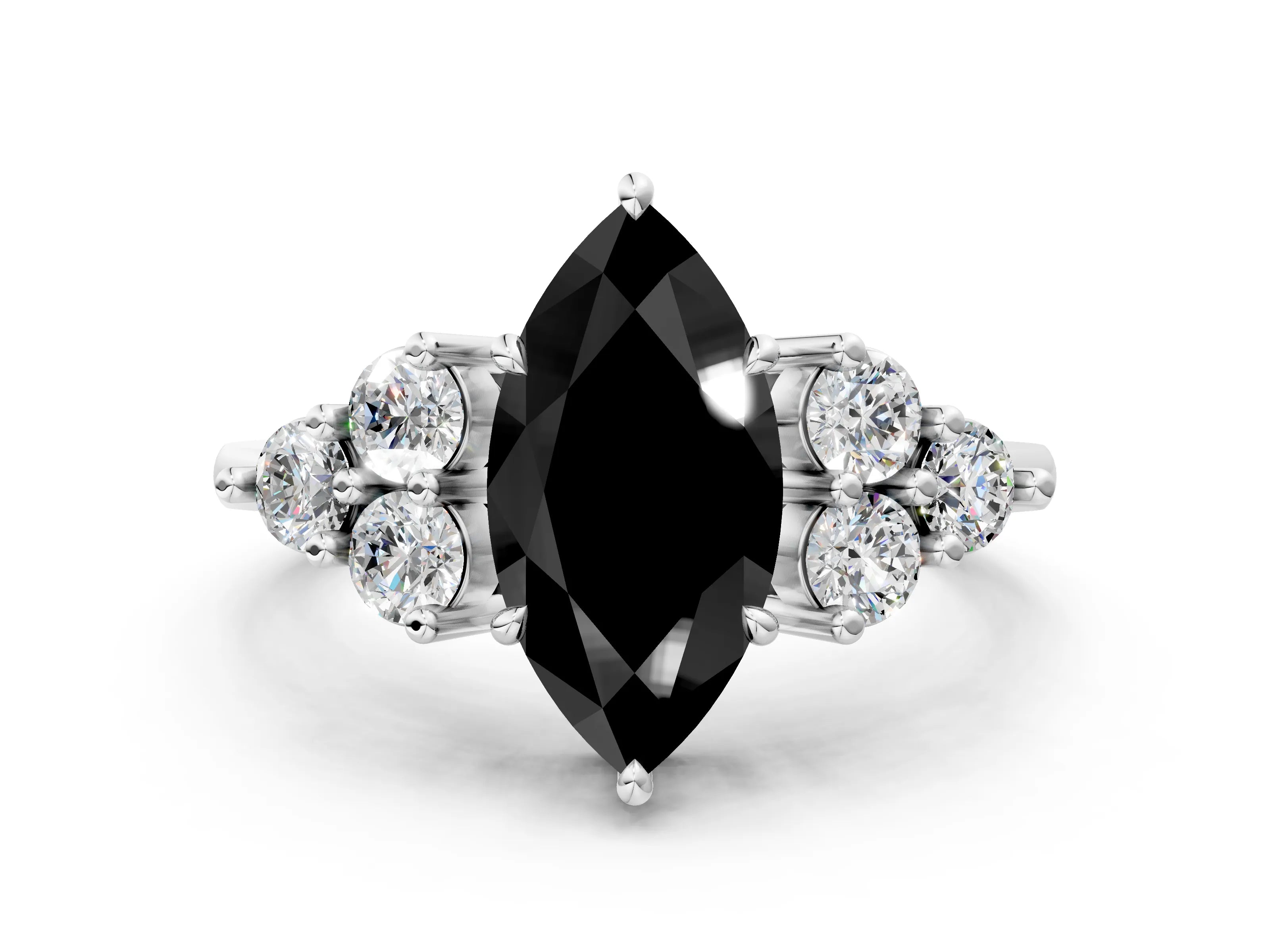 White gold Fancy Black Marquise Cut Brilliant Diamond Cluster Accent Solitaire Ring with Prong Setting