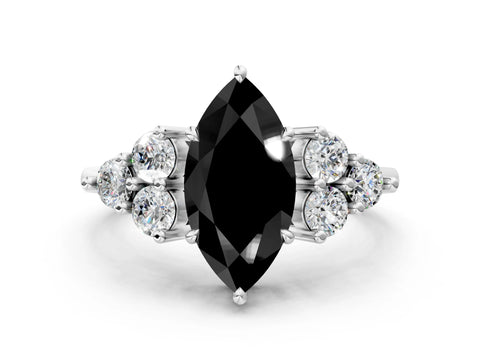 White gold Fancy Black Marquise Cut Brilliant Diamond Cluster Accent Solitaire Ring with Prong Setting