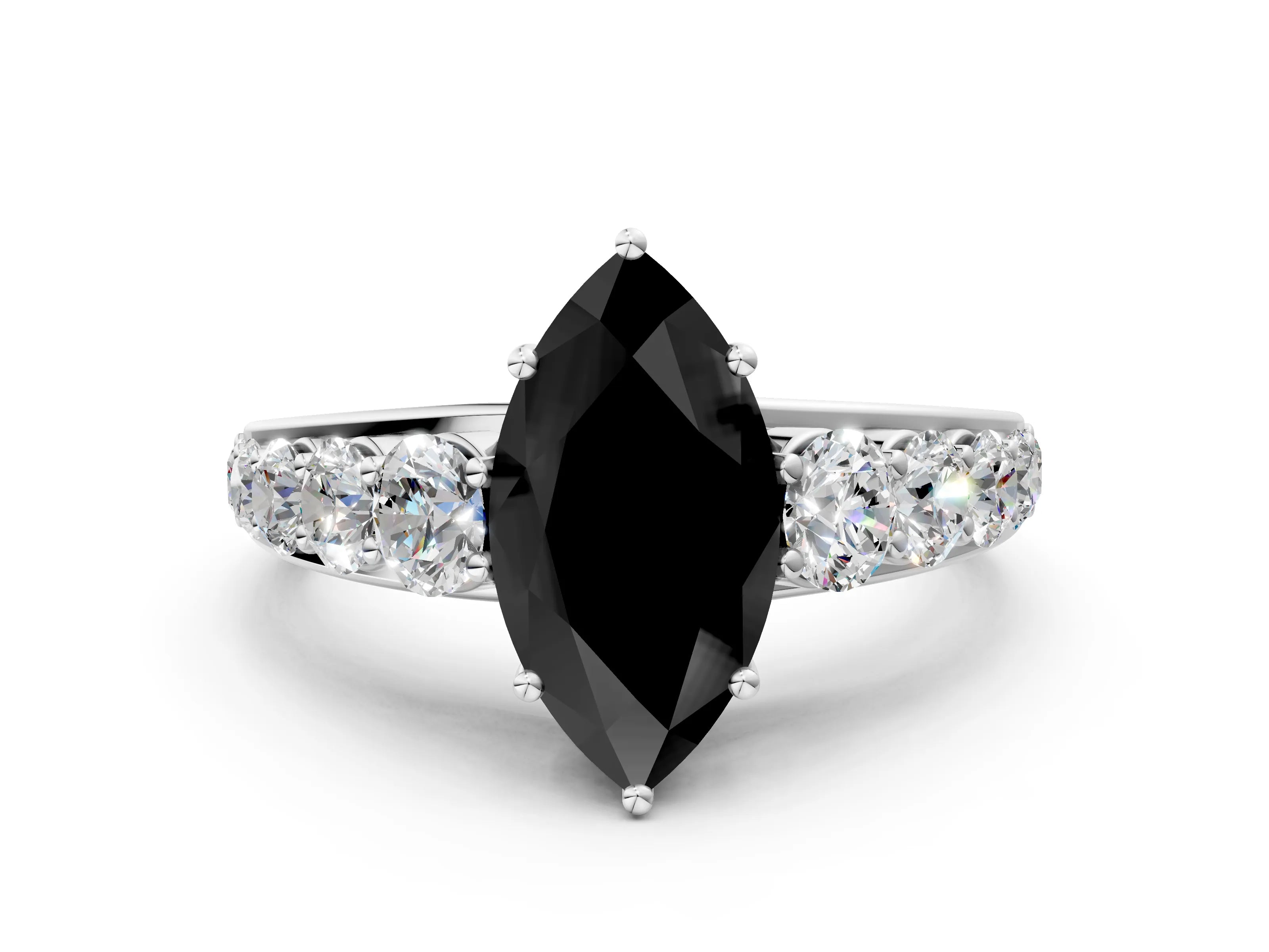 White gold Fancy Black Marquise Cut Brilliant Diamond Pavé Band with Six-Prong Setting