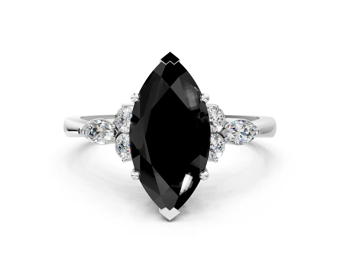 White gold Fancy Black Marquise Cut Brilliant Diamond Solitaire Ring with Pear Side Stones and Four-Prong Setting_6