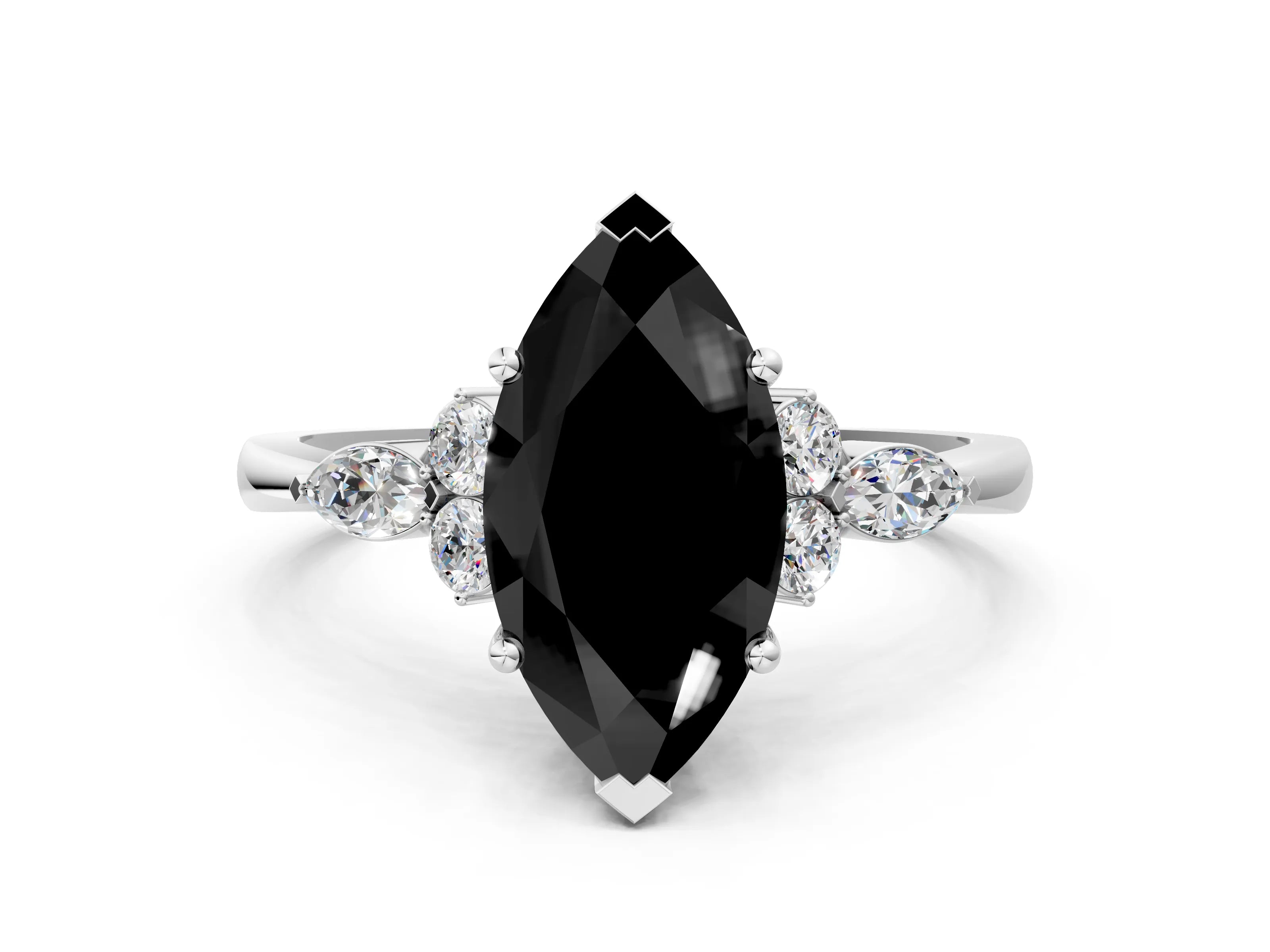 White gold Fancy Black Marquise Cut Brilliant Diamond Solitaire Ring with Pear Side Stones and Four-Prong Setting_6