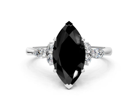 White gold Fancy Black Marquise Cut Brilliant Diamond Solitaire Ring with Pear Side Stones and Four-Prong Setting_6