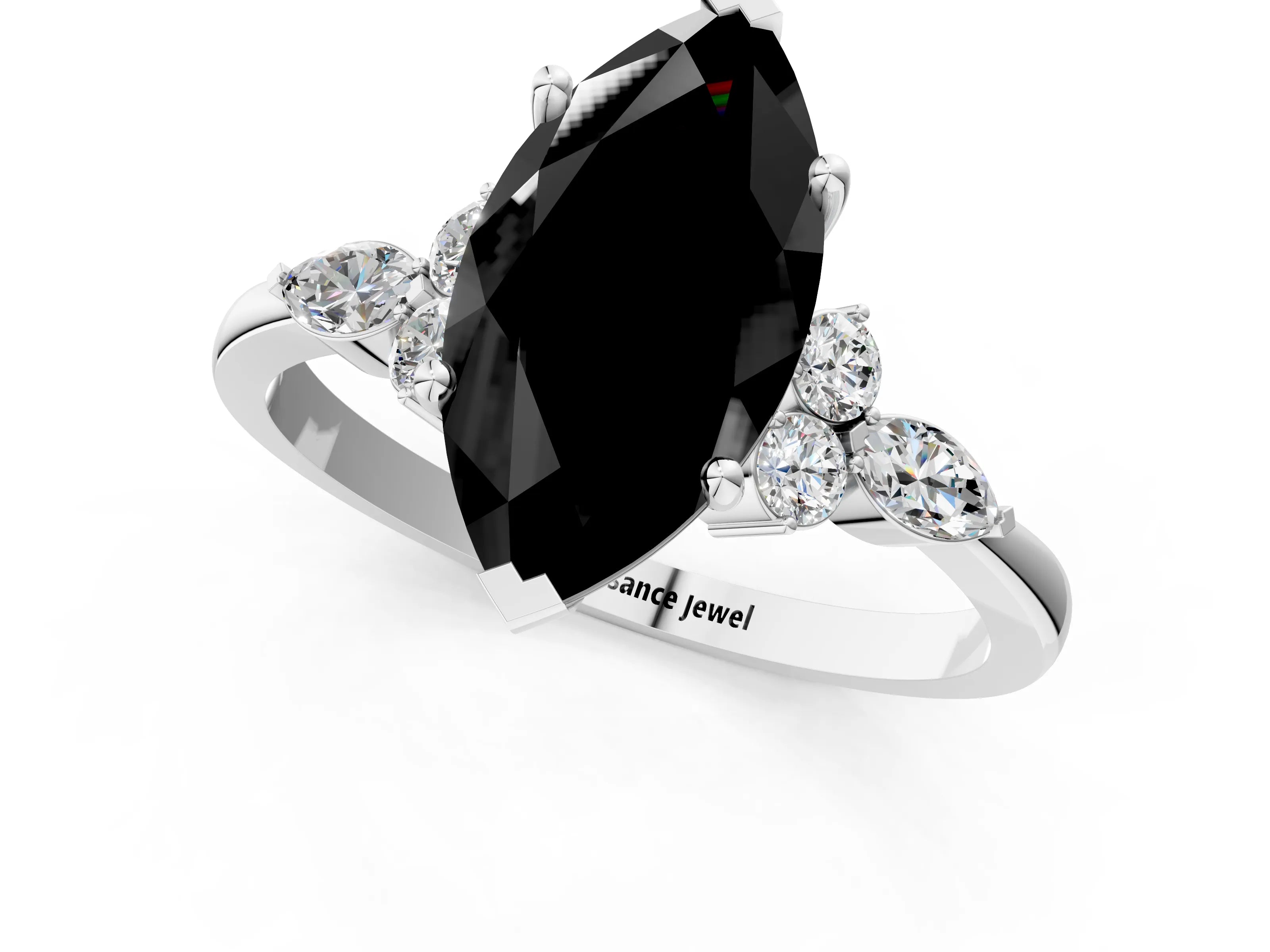 White gold Fancy Black Marquise Cut Brilliant Diamond Solitaire Ring with Pear Side Stones and Four-Prong Setting_7