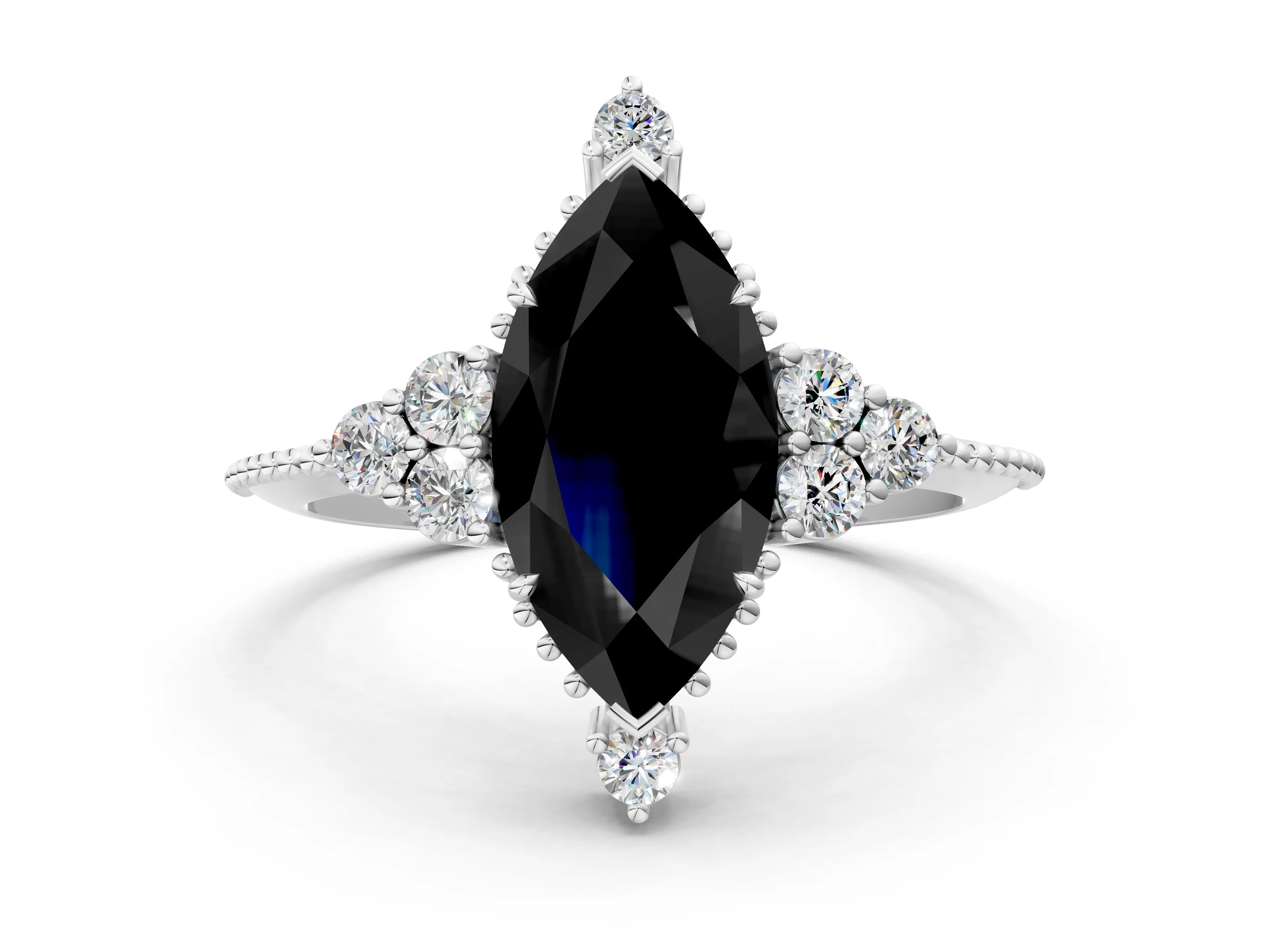 White gold Fancy Black Marquise Cut Brilliant Diamond with Cluster Setting on a Beaded Band and Four-Prong Setting
