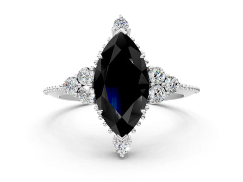 White gold Fancy Black Marquise Cut Brilliant Diamond with Cluster Setting on a Beaded Band and Four-Prong Setting