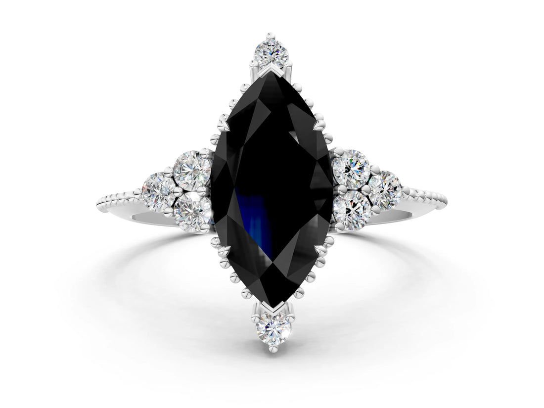 White gold Fancy Black Marquise Cut Brilliant Diamond with Cluster Setting on a Beaded Band and Four-Prong Setting_12