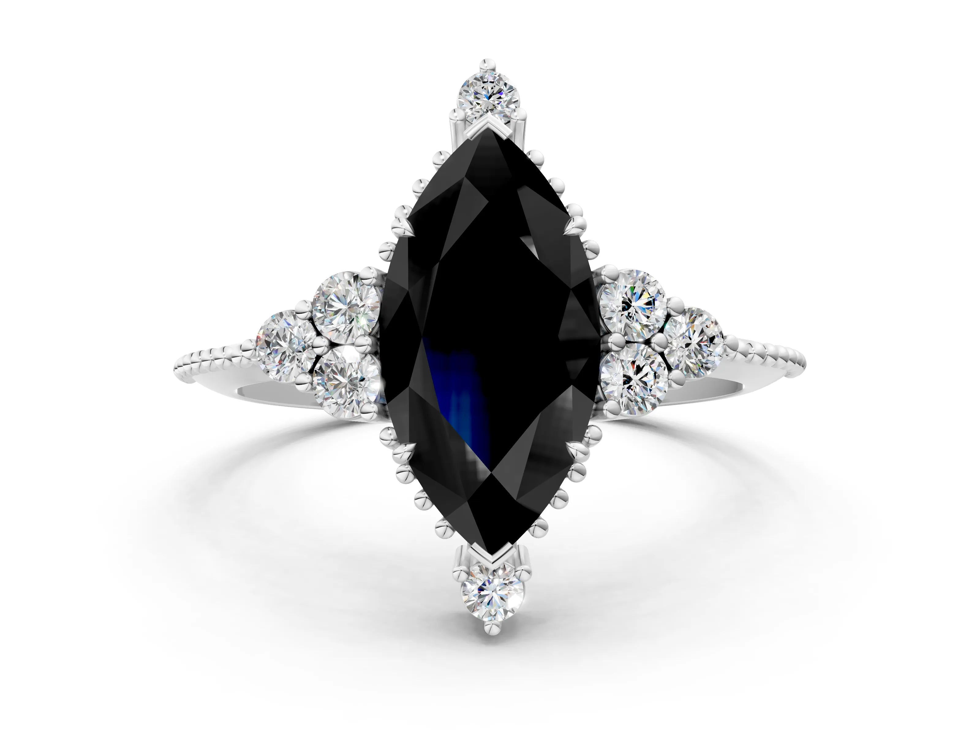 White gold Fancy Black Marquise Cut Brilliant Diamond with Cluster Setting on a Beaded Band and Four-Prong Setting_12