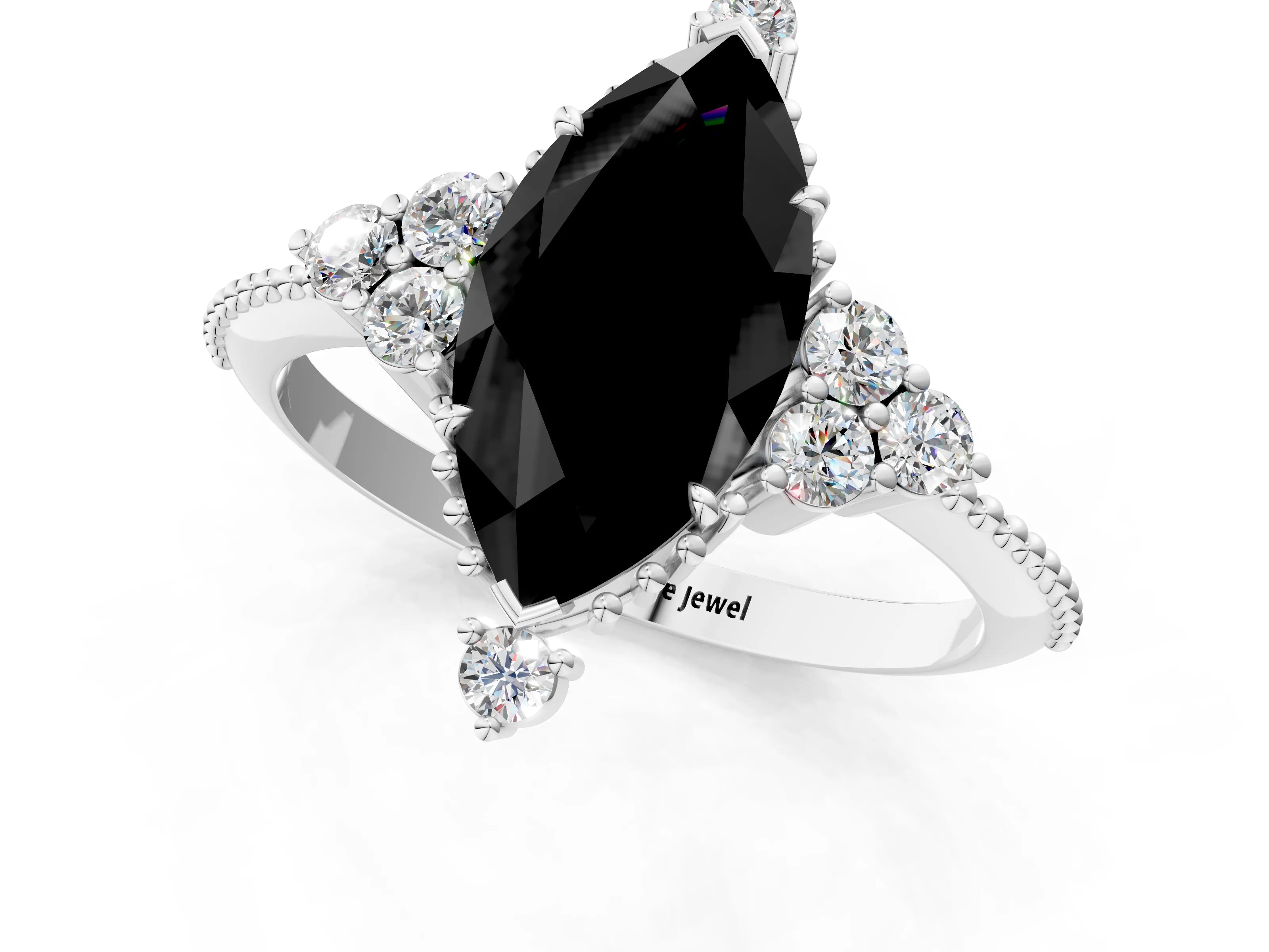 White gold Fancy Black Marquise Cut Brilliant Diamond with Cluster Setting on a Beaded Band and Four-Prong Setting_1