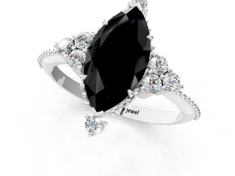 White gold Fancy Black Marquise Cut Brilliant Diamond with Cluster Setting on a Beaded Band and Four-Prong Setting_1