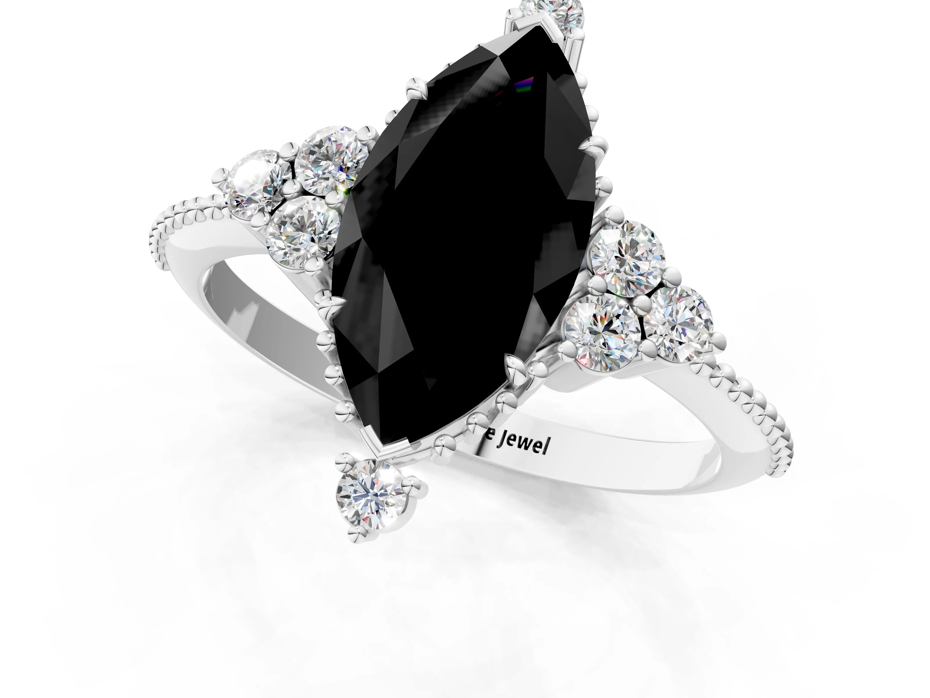 White gold Fancy Black Marquise Cut Brilliant Diamond with Cluster Setting on a Beaded Band and Four-Prong Setting_25