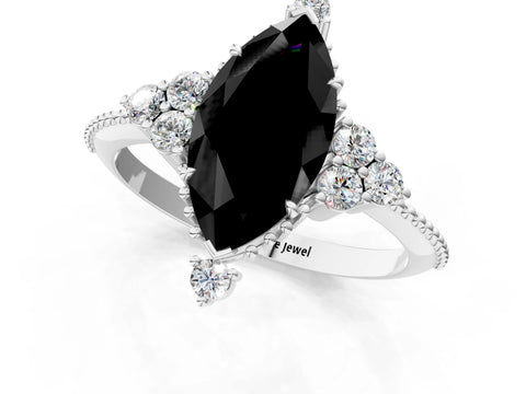 White gold Fancy Black Marquise Cut Brilliant Diamond with Cluster Setting on a Beaded Band and Four-Prong Setting_25