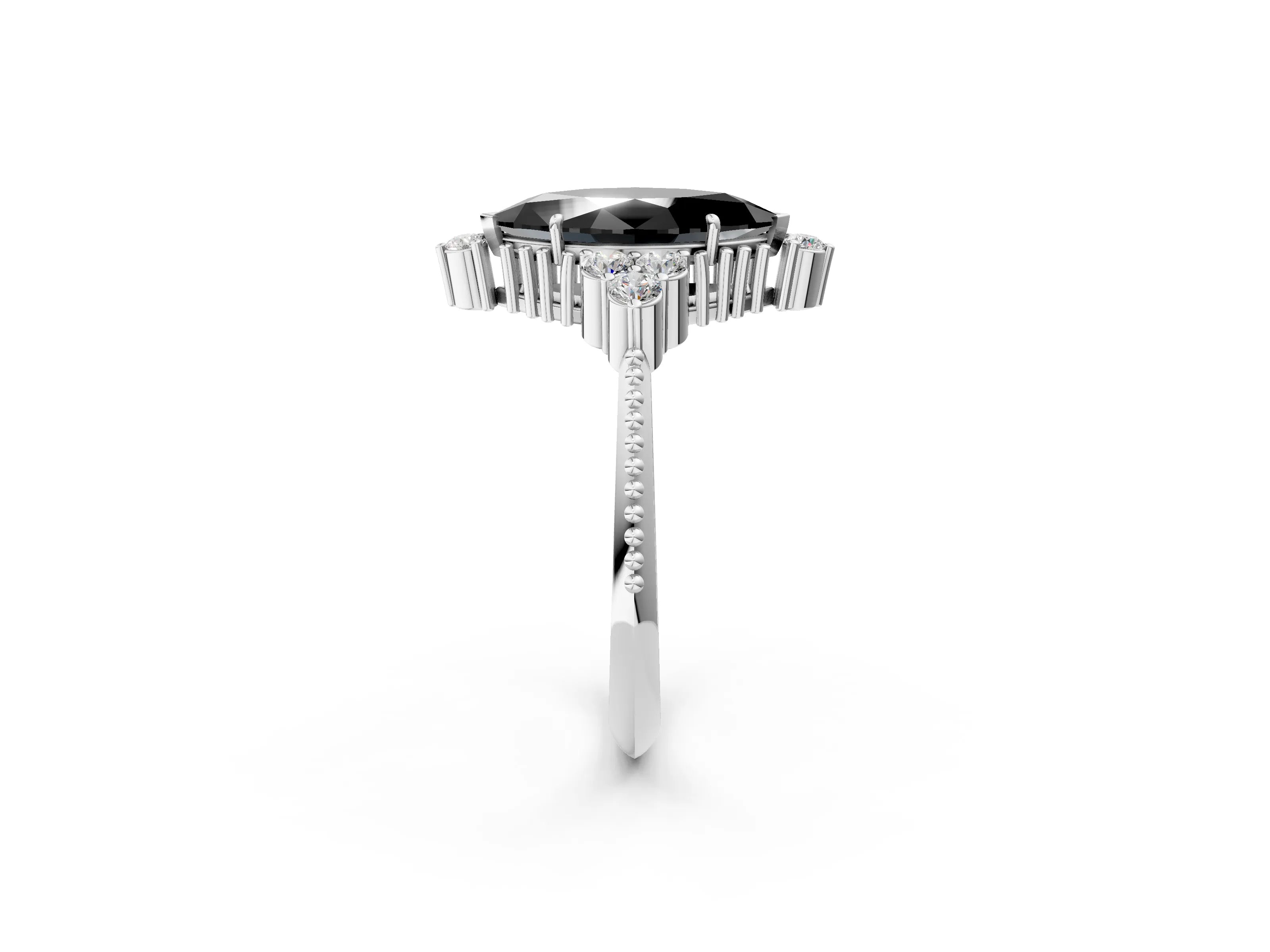 White gold Fancy Black Marquise Cut Brilliant Diamond with Cluster Setting on a Beaded Band and Four-Prong Setting_2