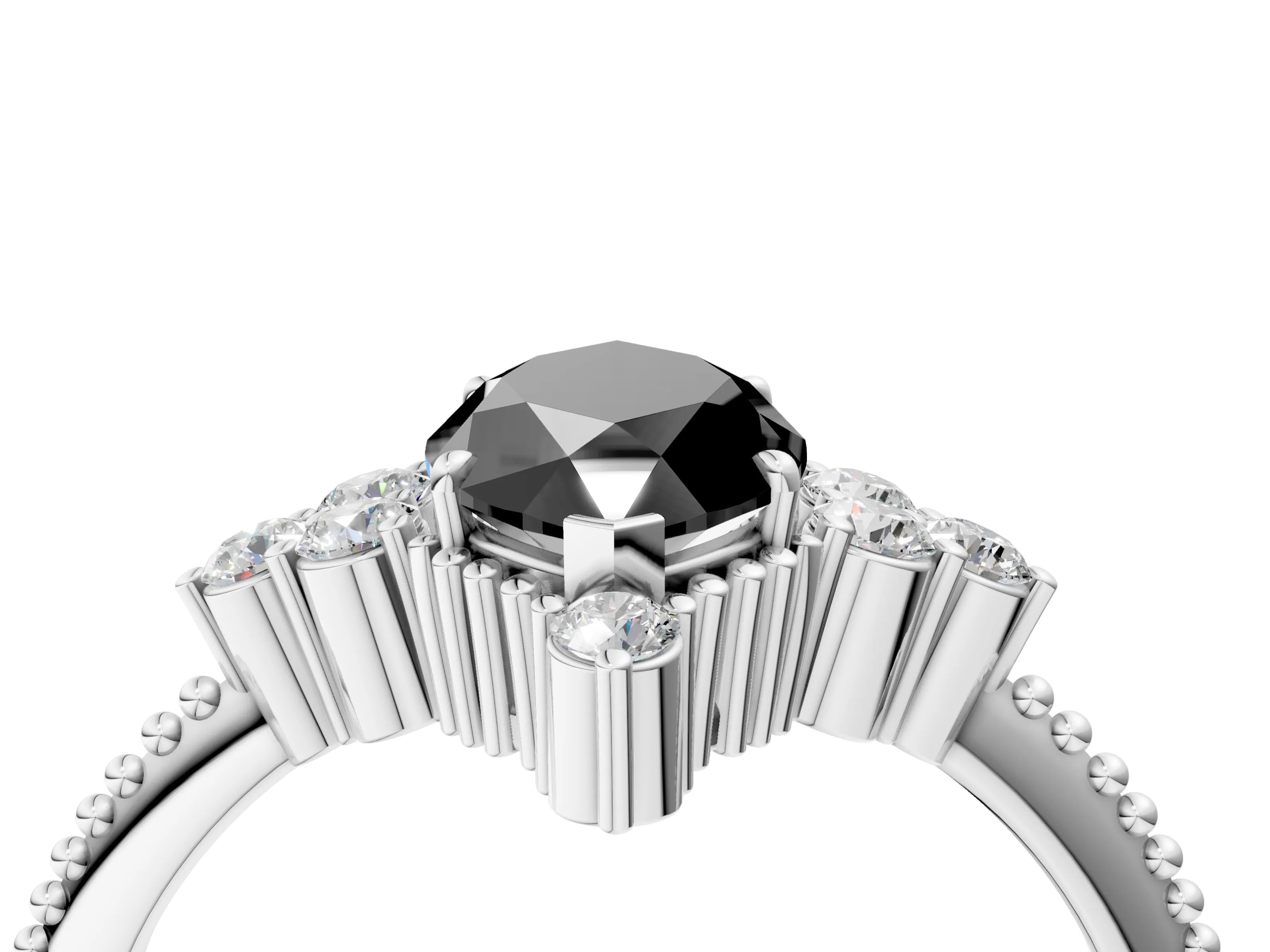 White gold Fancy Black Marquise Cut Brilliant Diamond with Cluster Setting on a Beaded Band and Four-Prong Setting_4