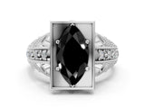 White gold Fancy Black Marquise Cut Brilliant Milgrain Filigree Diamond Ring with Square Prong Setting