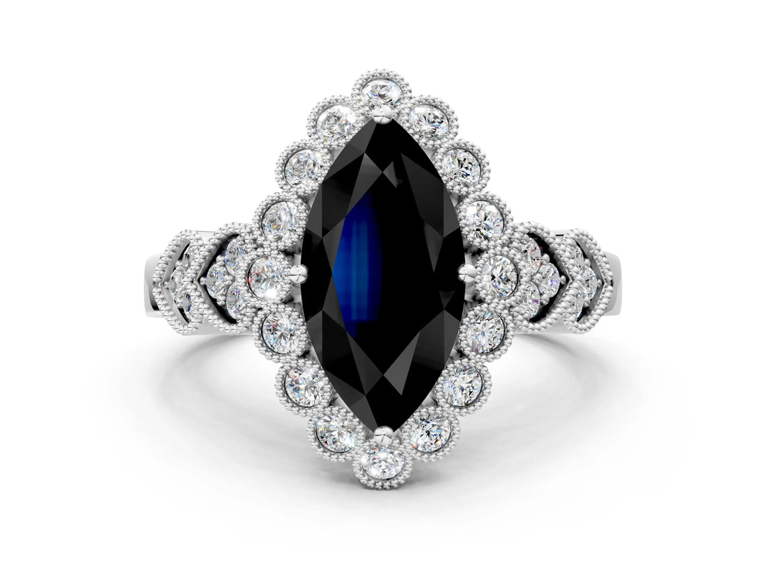 White gold Fancy Black Marquise Cut Brilliant Milgrain Pave Heart Band Solitaire Ring_12