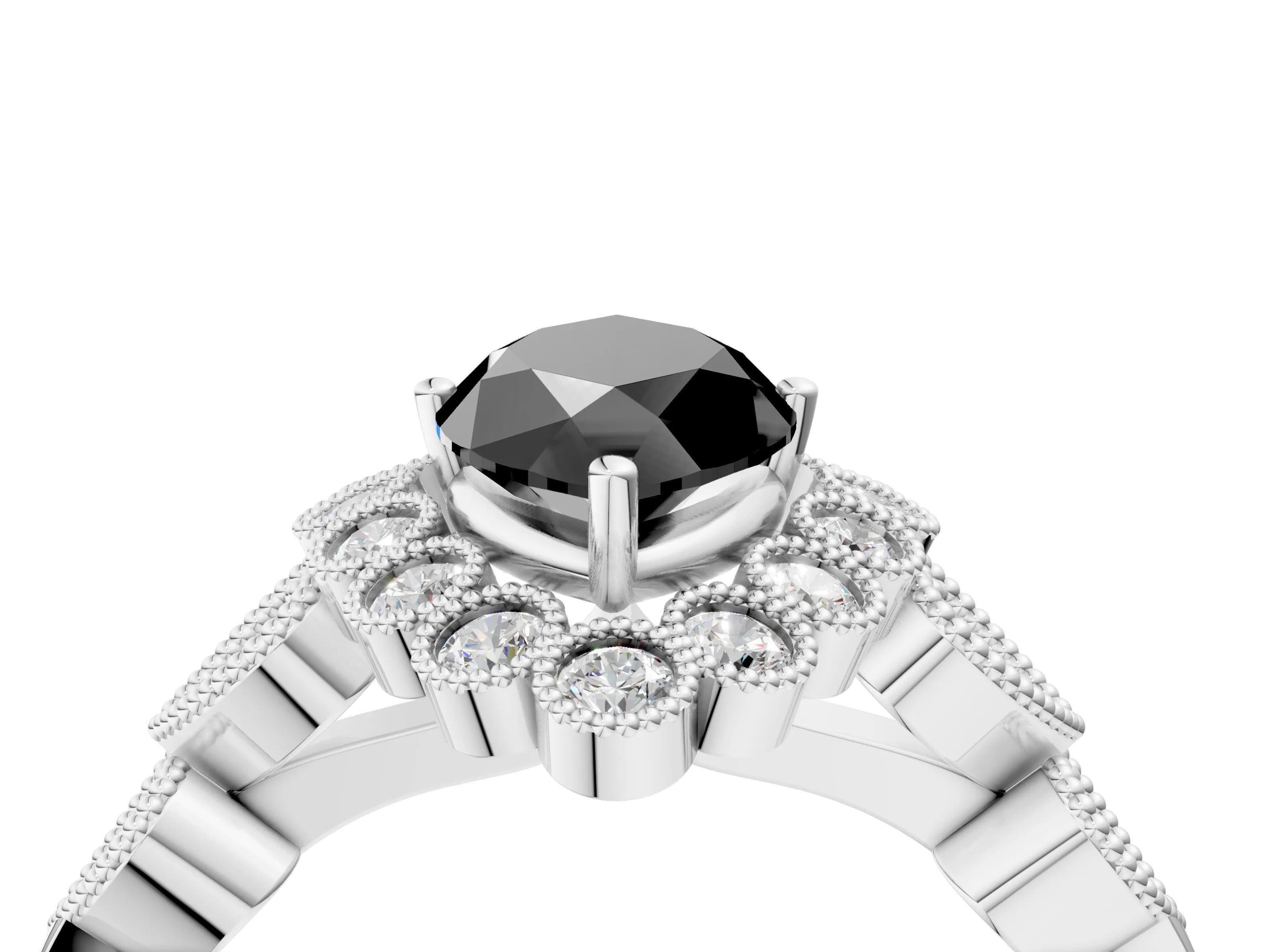 White gold Fancy Black Marquise Cut Brilliant Milgrain Pave Heart Band Solitaire Ring_16