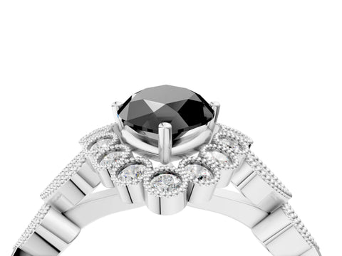 White gold Fancy Black Marquise Cut Brilliant Milgrain Pave Heart Band Solitaire Ring_16