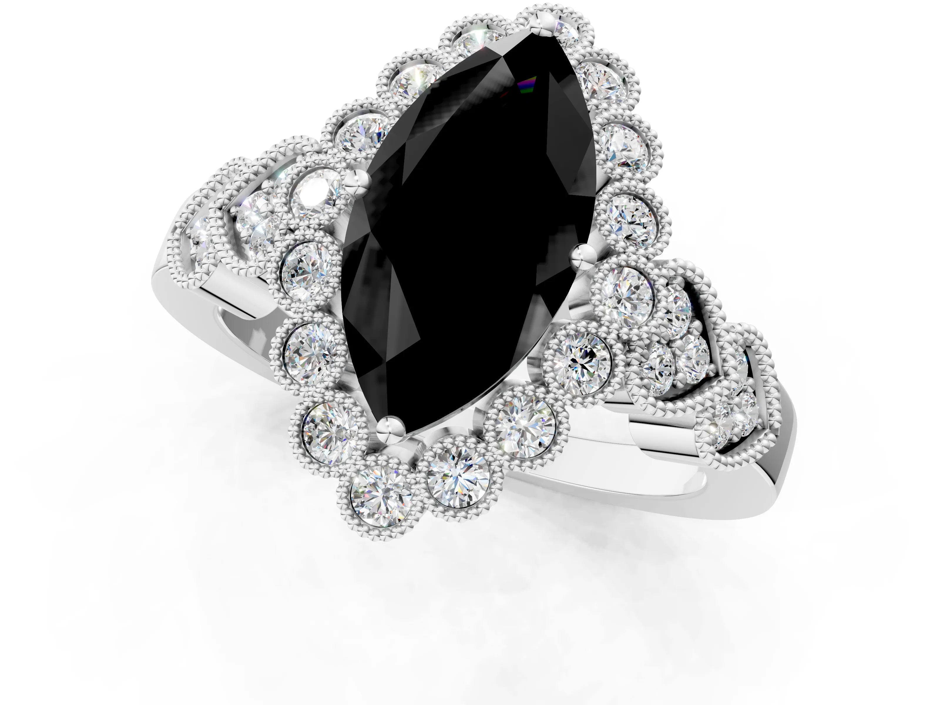White gold Fancy Black Marquise Cut Brilliant Milgrain Pave Heart Band Solitaire Ring_19