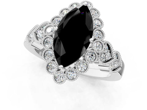 White gold Fancy Black Marquise Cut Brilliant Milgrain Pave Heart Band Solitaire Ring_19