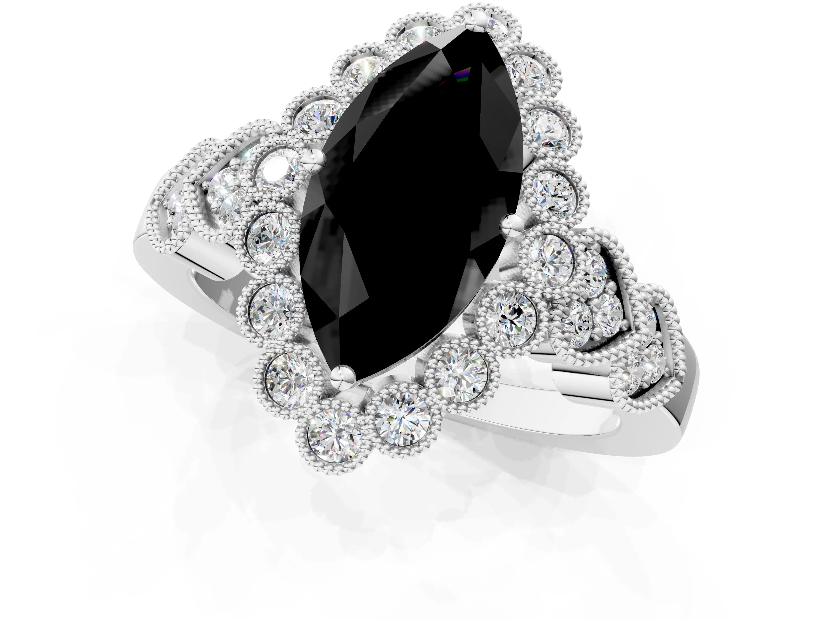 White gold Fancy Black Marquise Cut Brilliant Milgrain Pave Heart Band Solitaire Ring_1