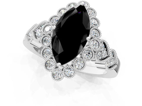 White gold Fancy Black Marquise Cut Brilliant Milgrain Pave Heart Band Solitaire Ring_1