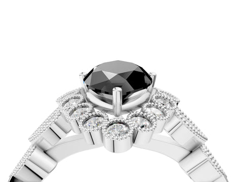 White gold Fancy Black Marquise Cut Brilliant Milgrain Pave Heart Band Solitaire Ring_22