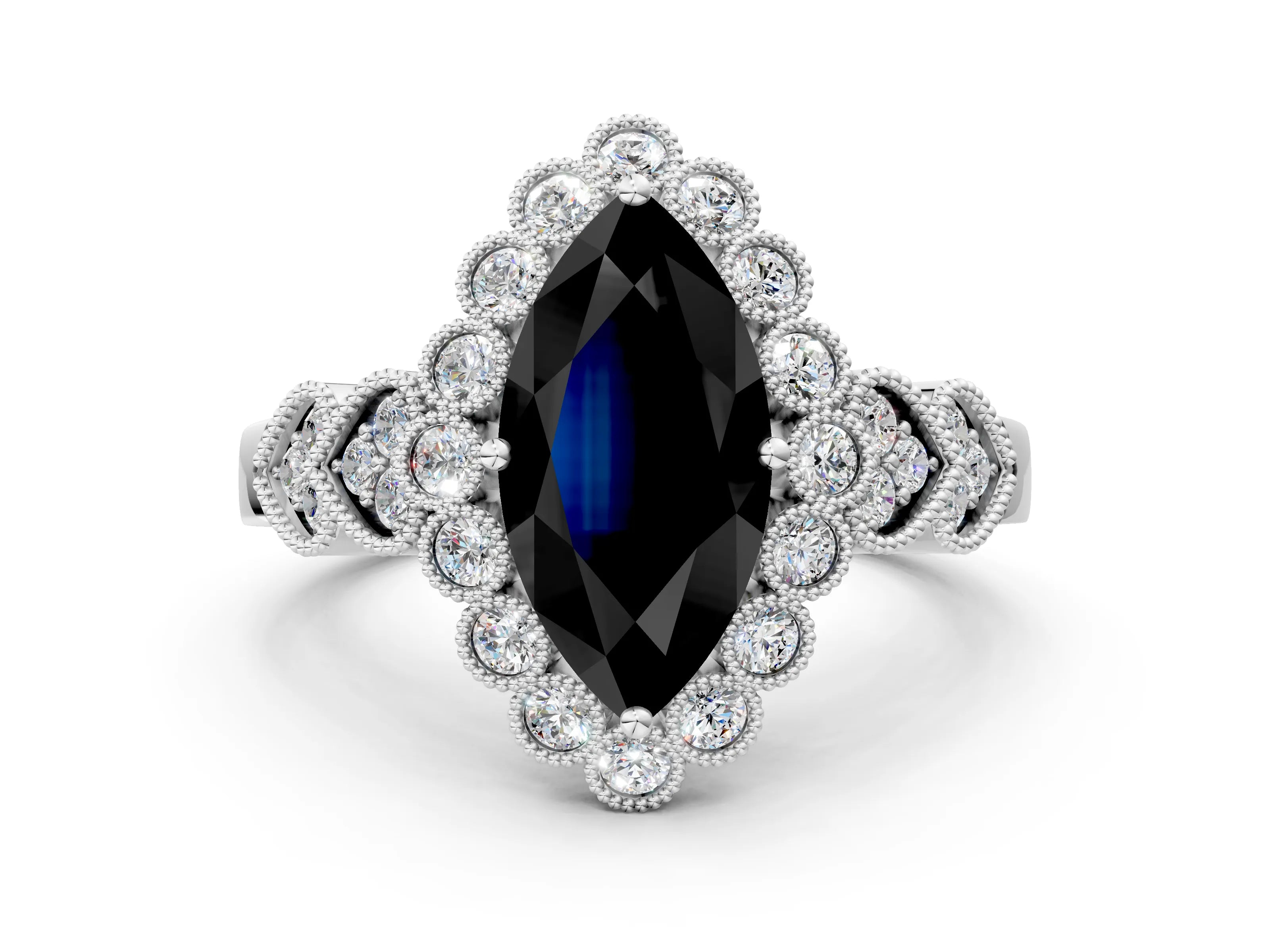 White gold Fancy Black Marquise Cut Brilliant Milgrain Pave Heart Band Solitaire Ring_24
