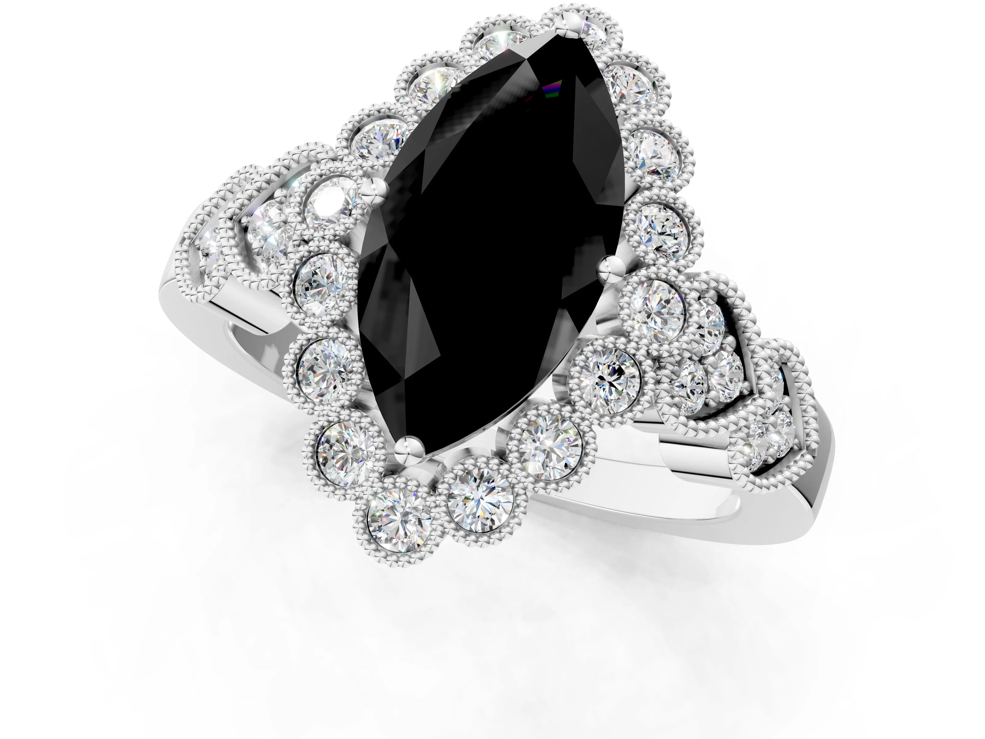 White gold Fancy Black Marquise Cut Brilliant Milgrain Pave Heart Band Solitaire Ring_25