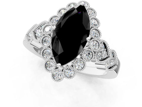 White gold Fancy Black Marquise Cut Brilliant Milgrain Pave Heart Band Solitaire Ring_25