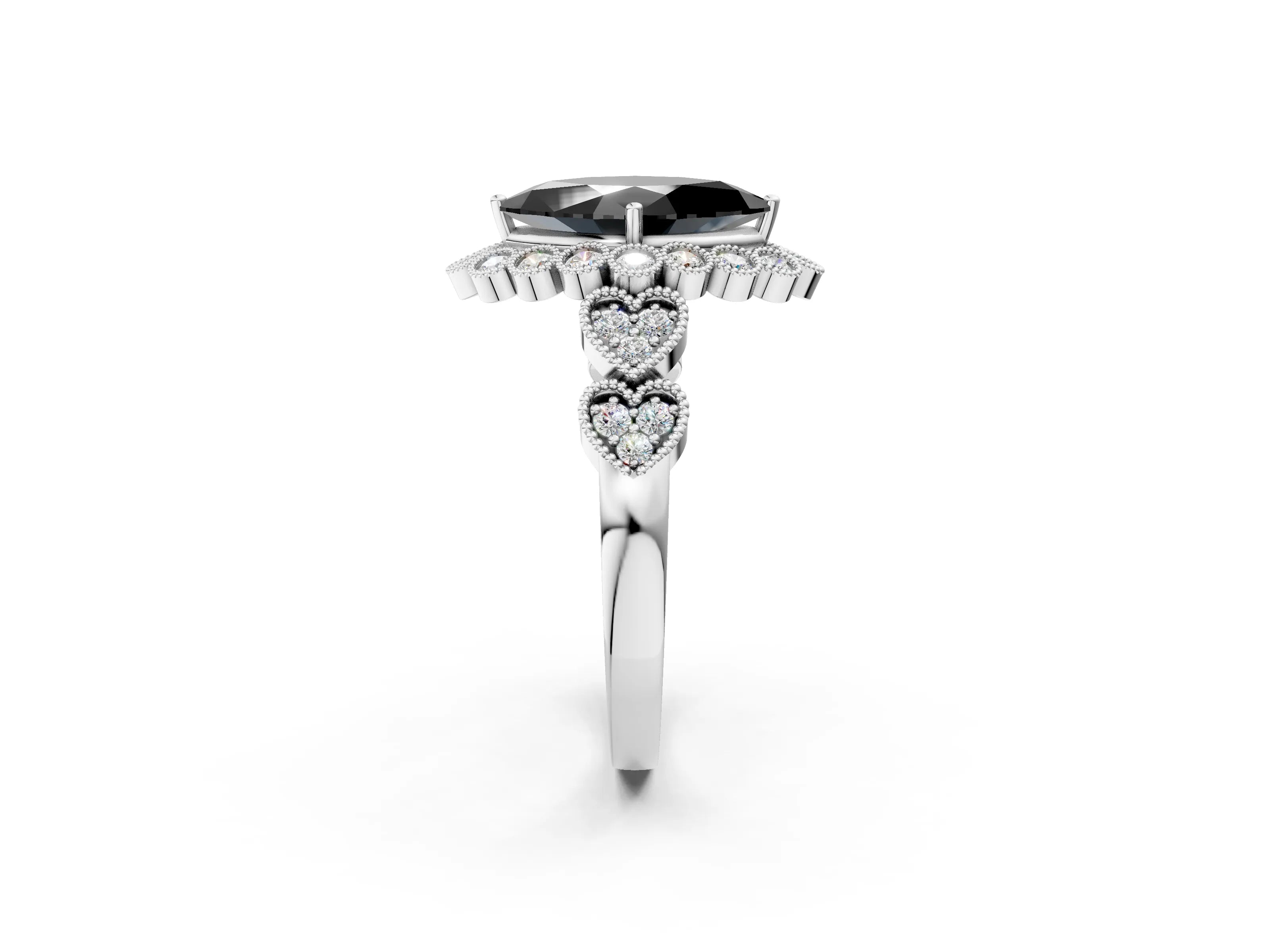 White gold Fancy Black Marquise Cut Brilliant Milgrain Pave Heart Band Solitaire Ring_2