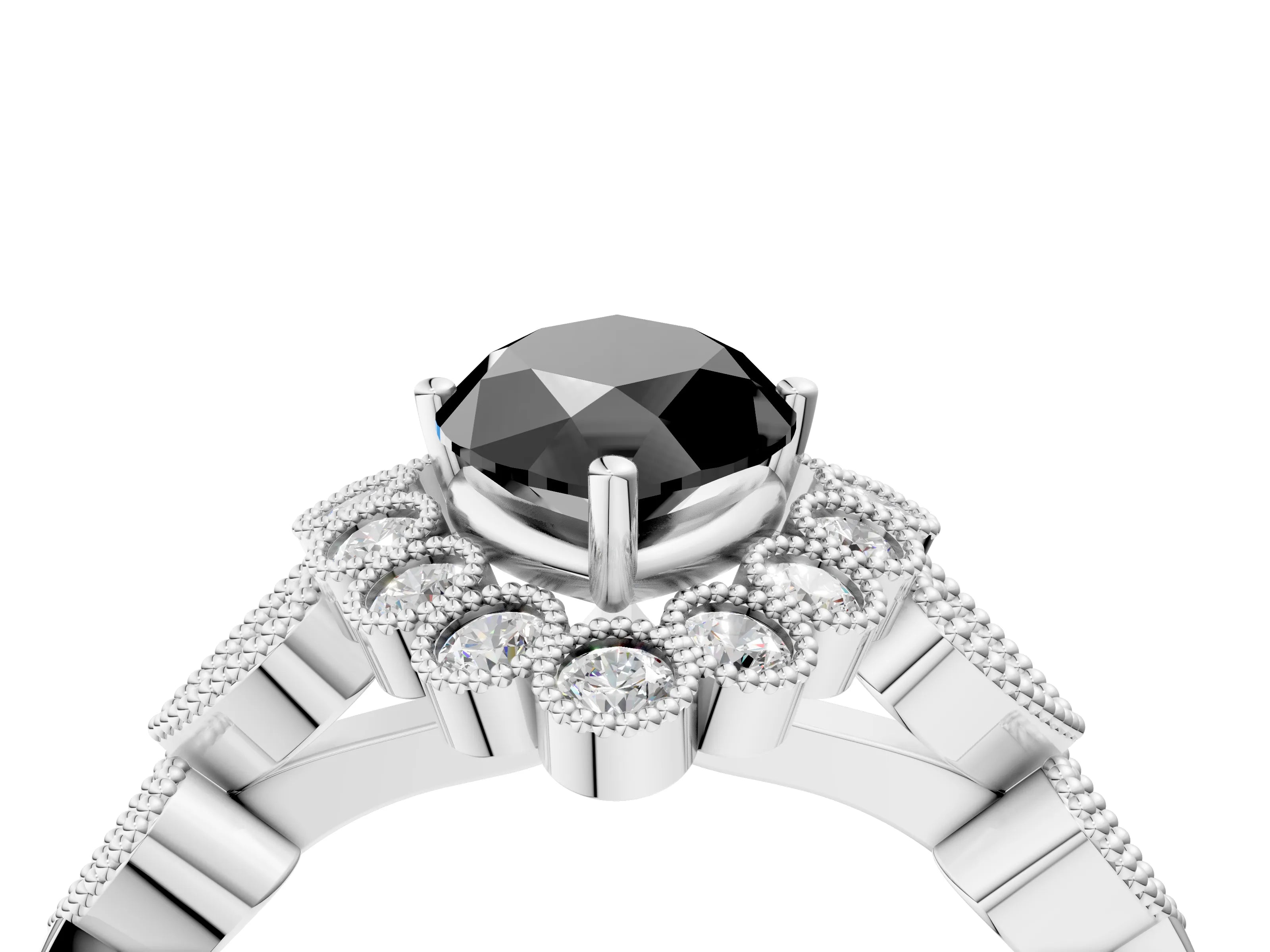 White gold Fancy Black Marquise Cut Brilliant Milgrain Pave Heart Band Solitaire Ring_4