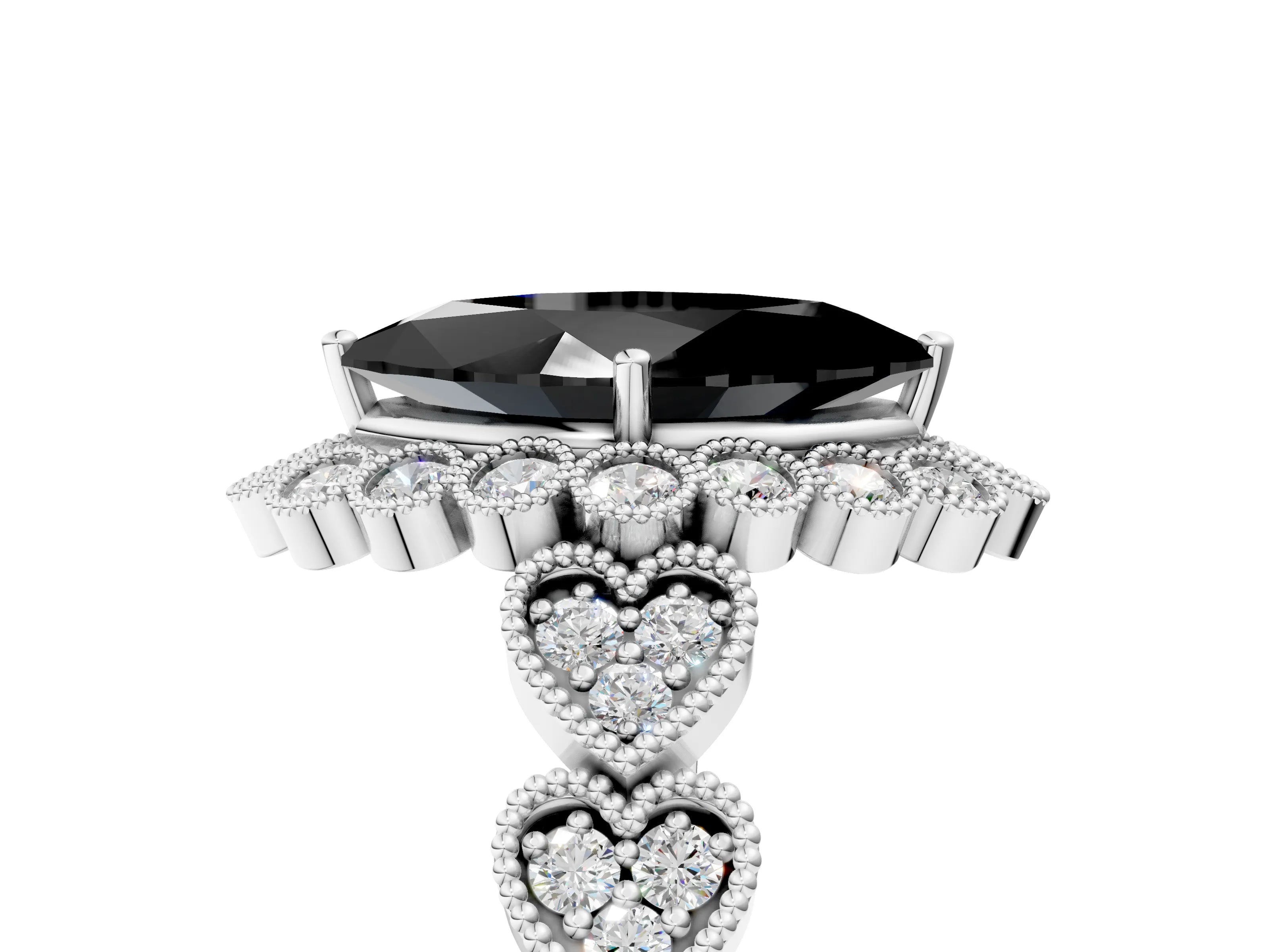 White gold Fancy Black Marquise Cut Brilliant Milgrain Pave Heart Band Solitaire Ring_5