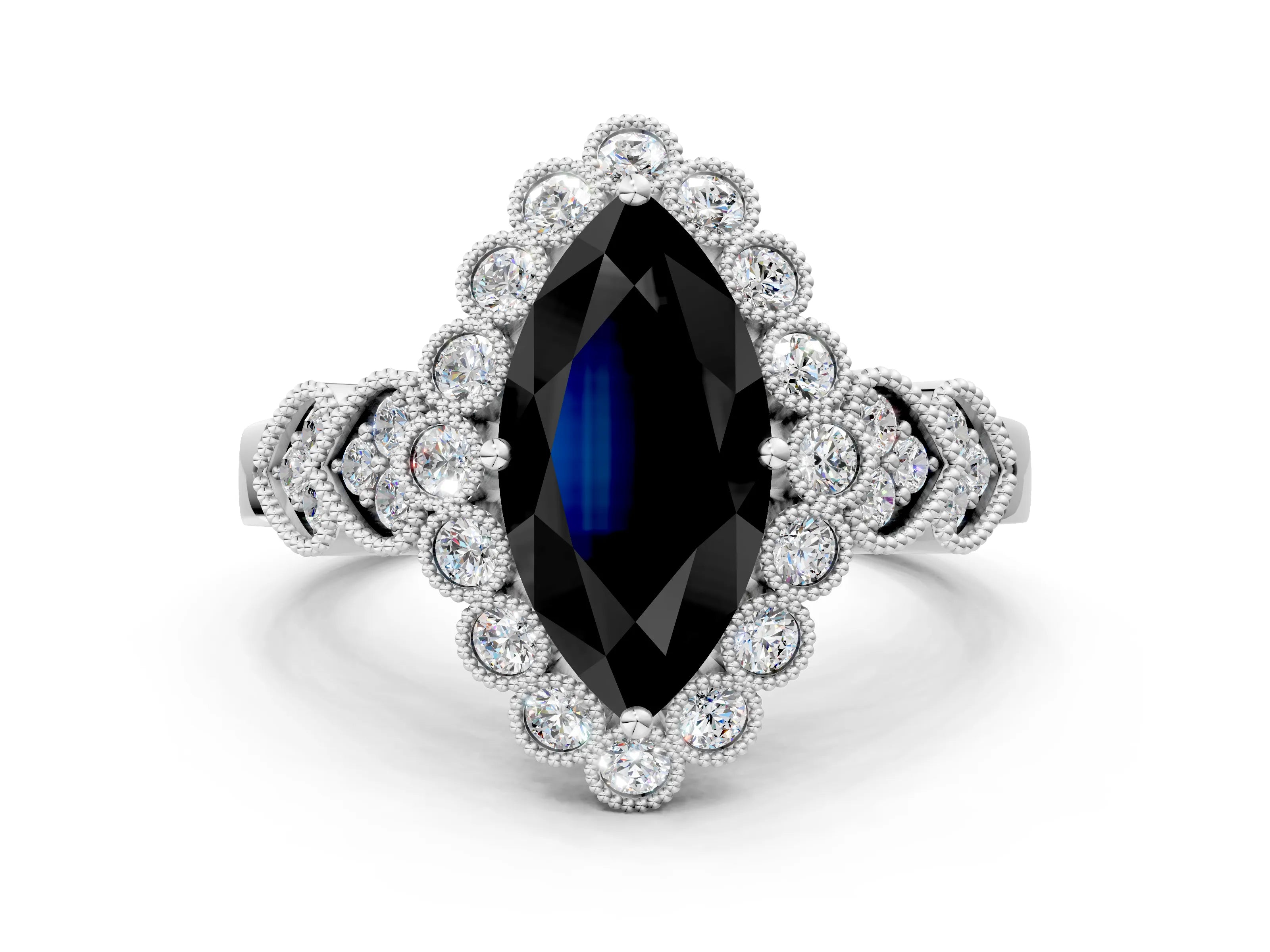 White gold Fancy Black Marquise Cut Brilliant Milgrain Pave Heart Band Solitaire Ring