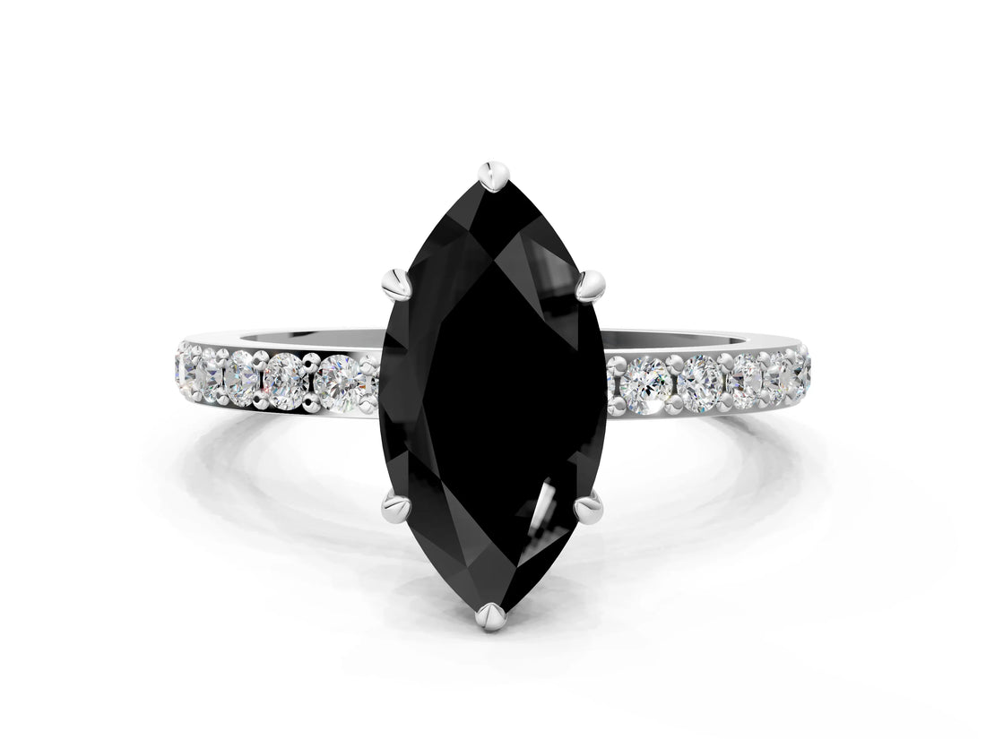 White gold Fancy Black Marquise Cut Brilliant Pavé Band Solitaire with Four-Prong Setting