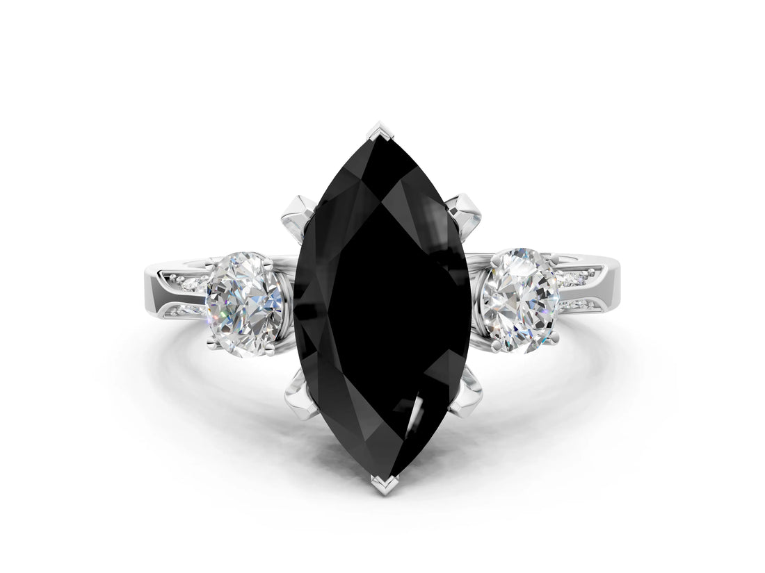 White gold Fancy Black Marquise Cut Brilliant Three-Stone Diamond Ring with Pavé Band and Four-Prong Setting_15