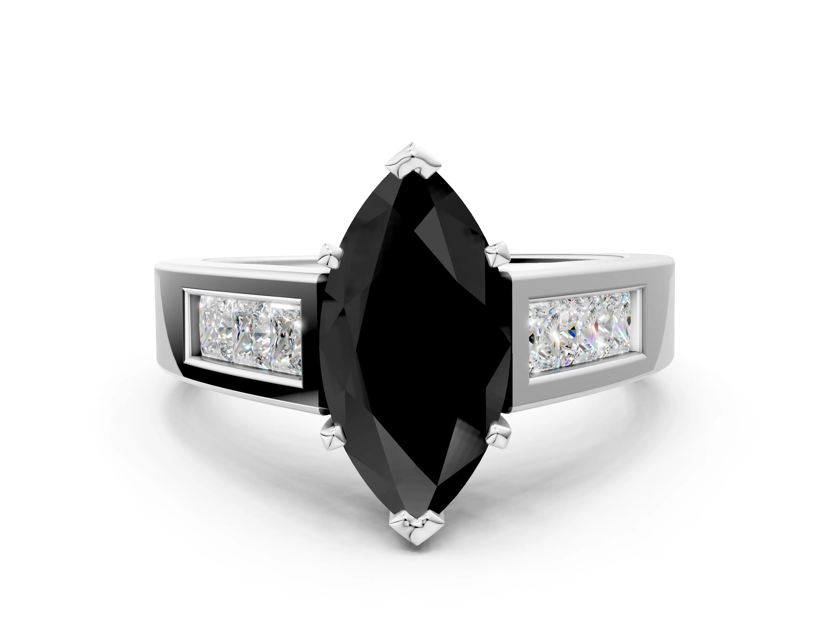 White gold Fancy Black Marquise Cut Cut Channel Set Solitaire Ring with Four-Prong Setting