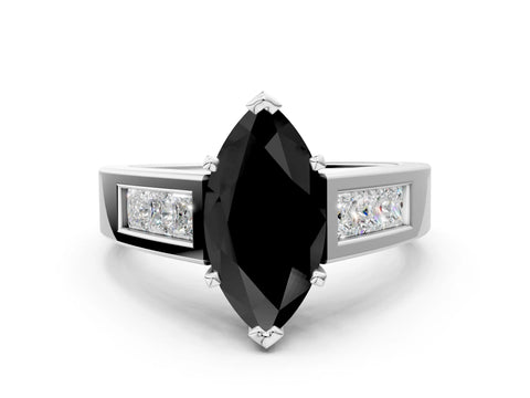 White gold Fancy Black Marquise Cut Cut Channel Set Solitaire Ring with Four-Prong Setting