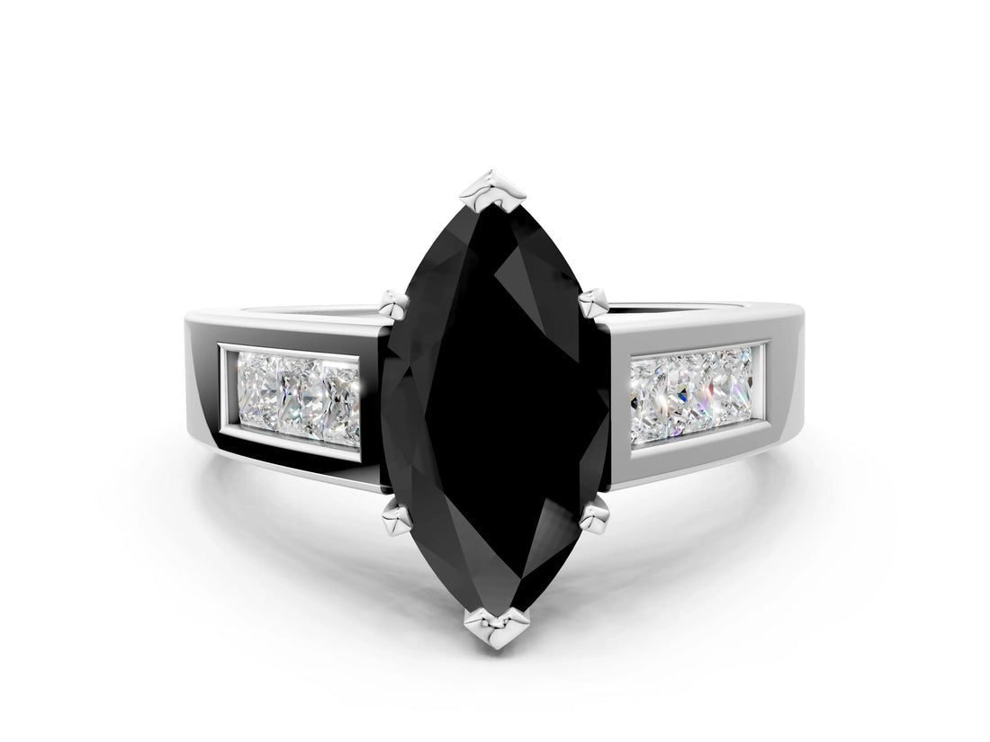 White gold Fancy Black Marquise Cut Cut Channel Set Solitaire Ring with Four-Prong Setting_12