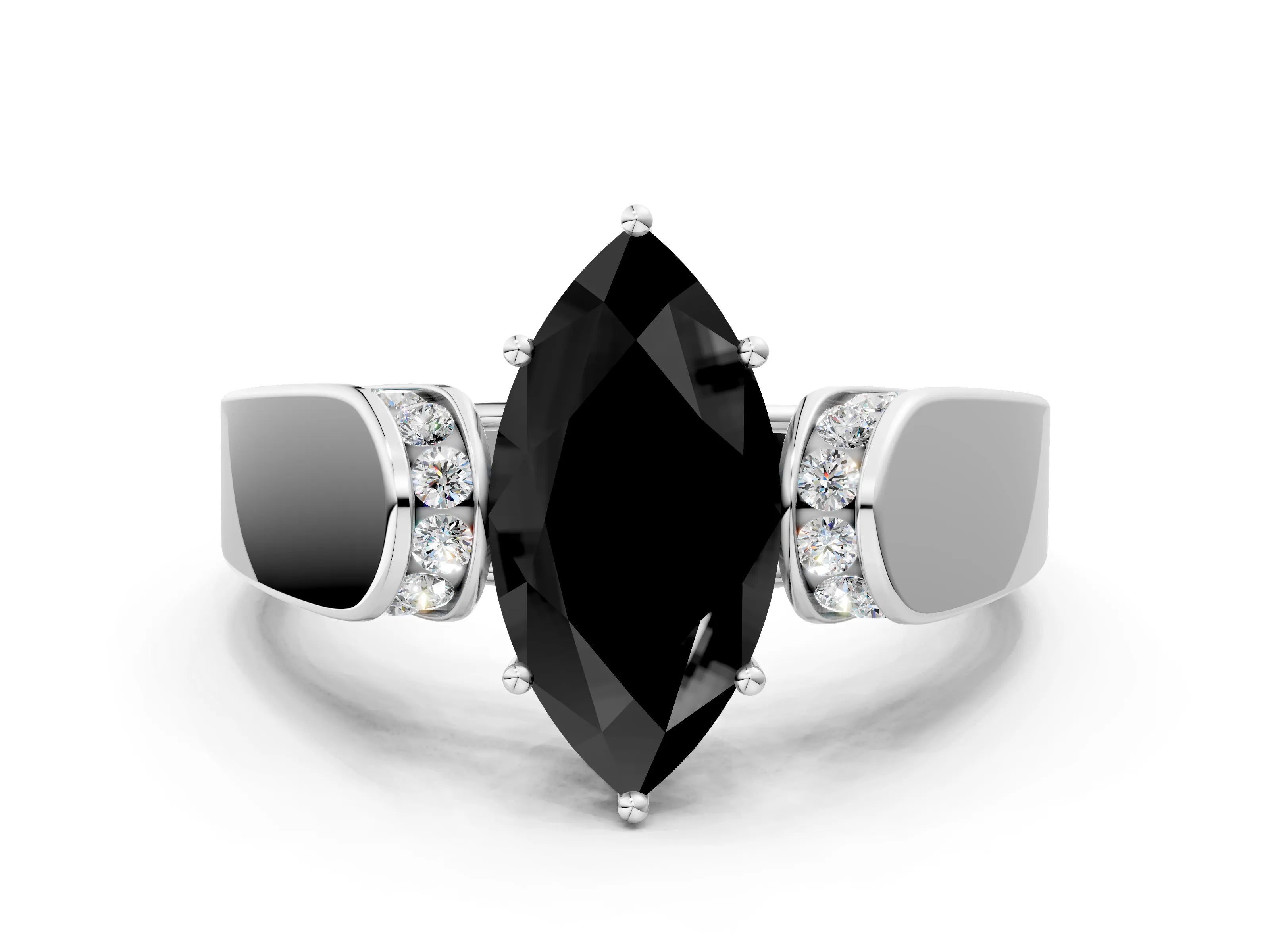 White gold Fancy Black Marquise Cut Cut Diamond Channel Set Solitaire Ring with Four-Prong Setting