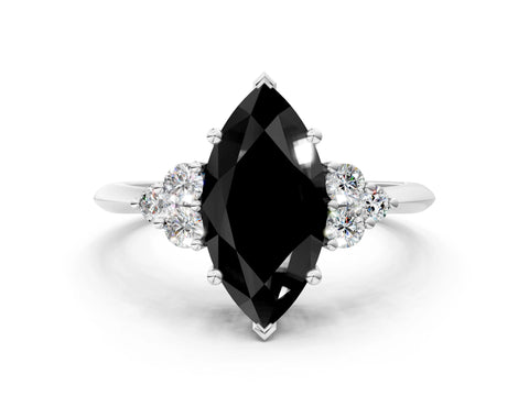 White gold Fancy Black Marquise Cut Cut Diamond Cluster Ring with Solitaire Band and Four-Prong Setting
