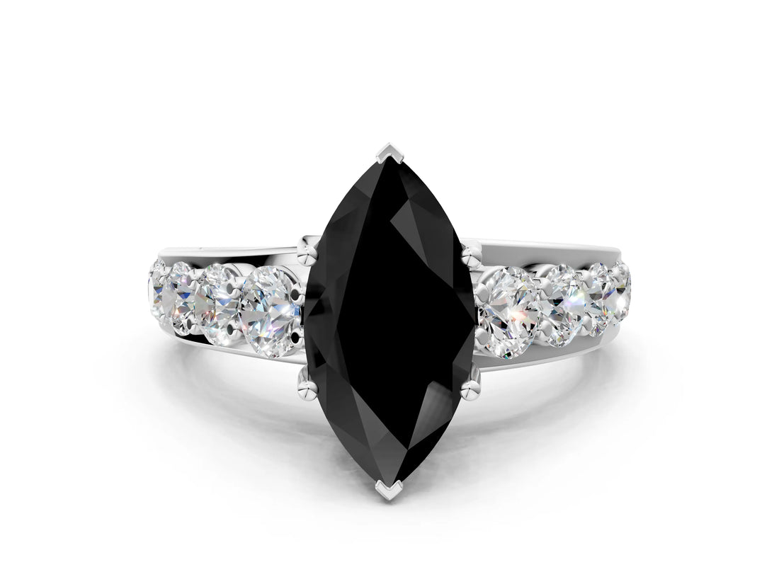 White gold Fancy Black Marquise Cut Cut Diamond Engagement Ring with Pavé Band and Four-Prong Setting