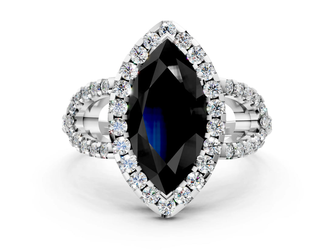 White gold Fancy Black Marquise Cut Cut Diamond Halo Engagement Ring with Open Split Pavé Band