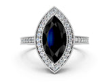 White gold Fancy Black Marquise Cut-Cut Diamond Halo Engagement Ring with Pave Band and Prong Setting